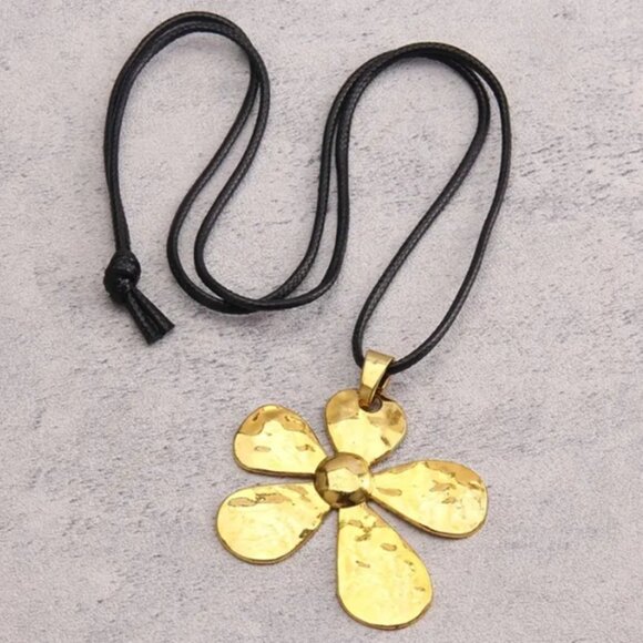 Bohemian Retro 22k Gold Plated Five-Petal Flower Black Waxed Cord Necklace - Picture 3 of 4